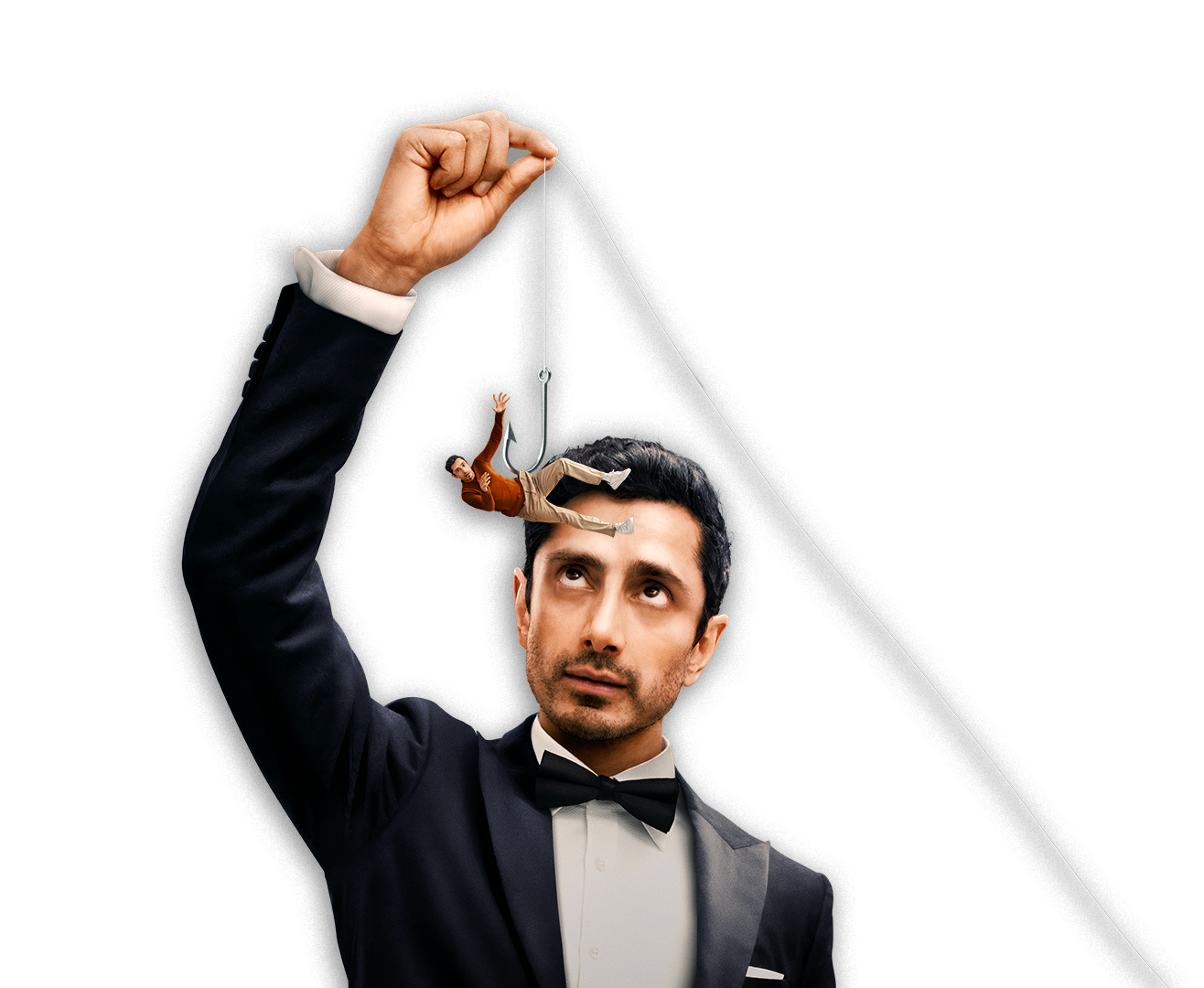 Riz Ahmed artwork holding hook on string